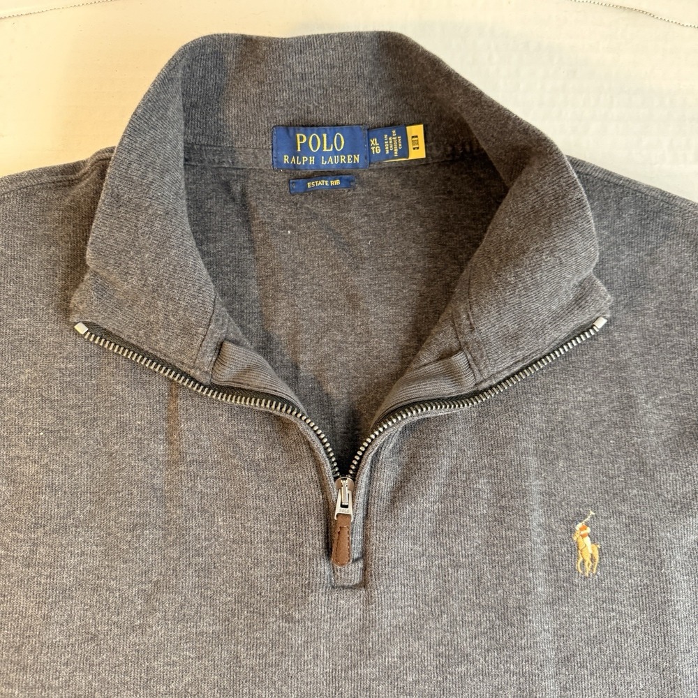Polo Ralph Lauren Estate Rib Quarter Zip Mens XL TG Pullover Gray Pony Leather